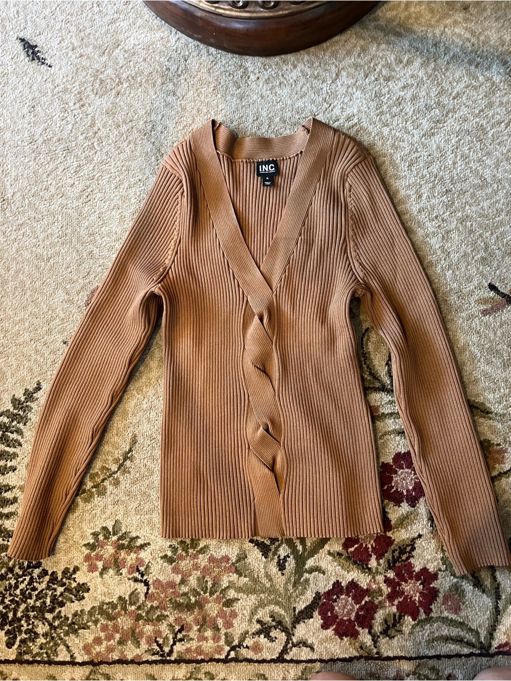INC International Concepts Caramel Tan Ribbed V-Neck Sweater with Twist Detail
